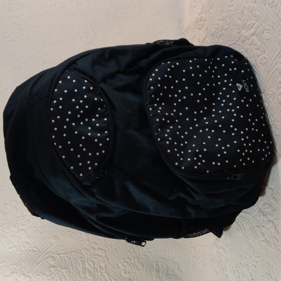 Roxy Black With White Polka Dot Accented Backpack - Picture 1 of 14